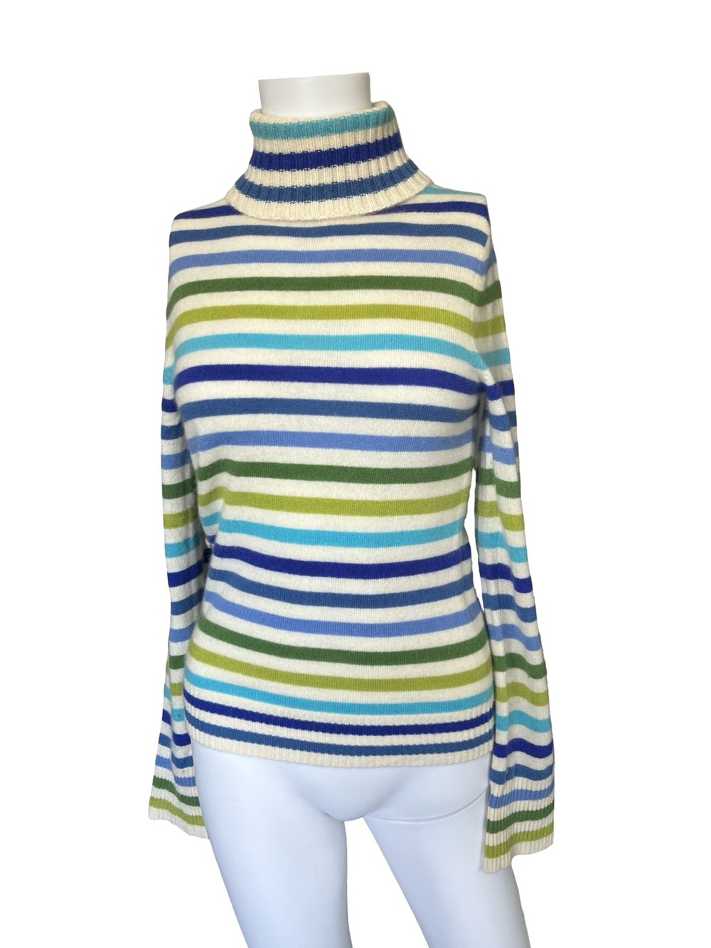 VTG Express Cashmere Sweater Turtleneck Stripes Blue Green Y2K Womens Size Small